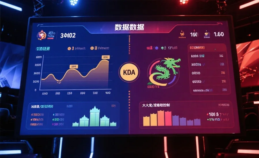 电竞赛事数据面板,显示双方经济曲线、KDA、推塔和大龙/小龙控制数据
